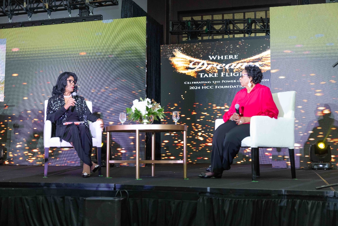 HCC Chancellor Dr. Margaret Ford Fisher, left, interviews 2024 Gala Crystal Eagle Honoree Dr. Ruth J. Simmons. Dr. Simmons is a New York Times best-selling author and a President's Distinguished Fellow at Rice University.