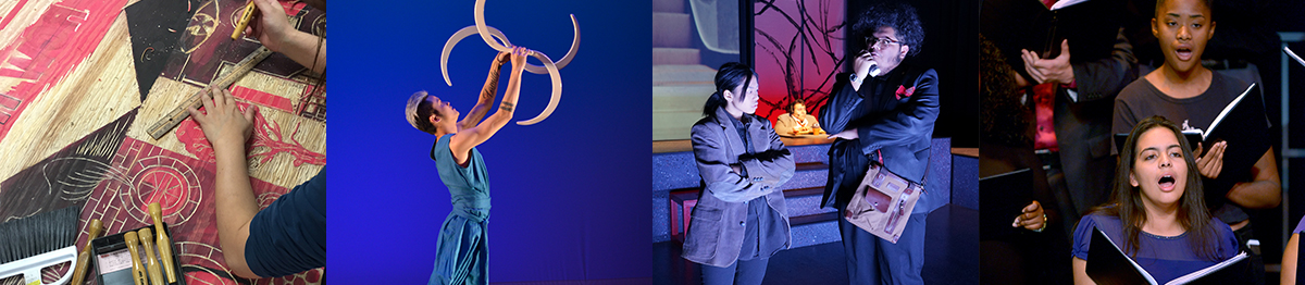 Different forms of art on display:  paint, scultpure, performing art